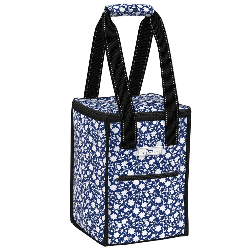 Blue floral-patterned cooler bag with black straps on a white background. Available at Be Charmed