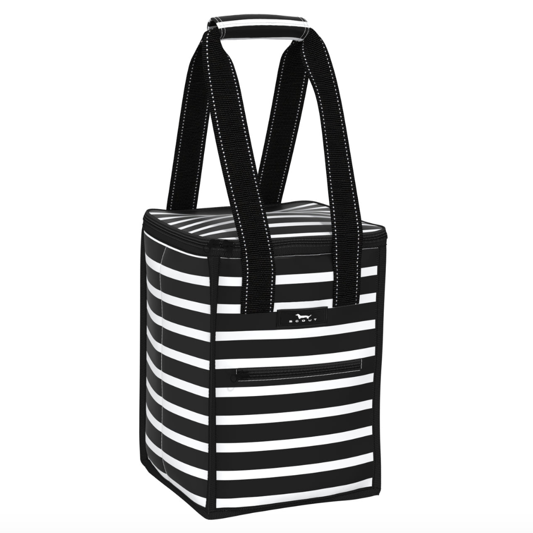 A black striped portable cooler bag with black straps and a pink Scout brand logo. Available at Be Charmed