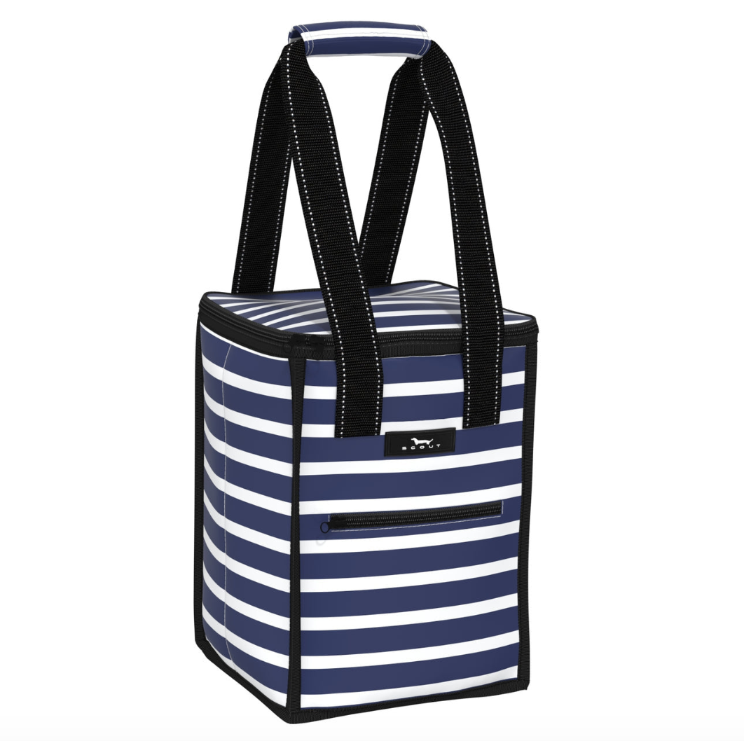 A blue striped portable cooler bag with black straps and a pink Scout brand logo. Available at Be Charmed