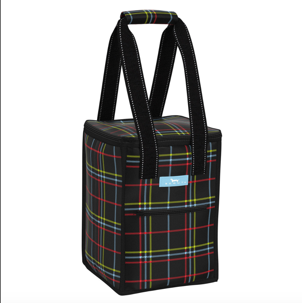 A plaid portable cooler bag with black straps and a pink Scout brand logo. Available at Be Charmed