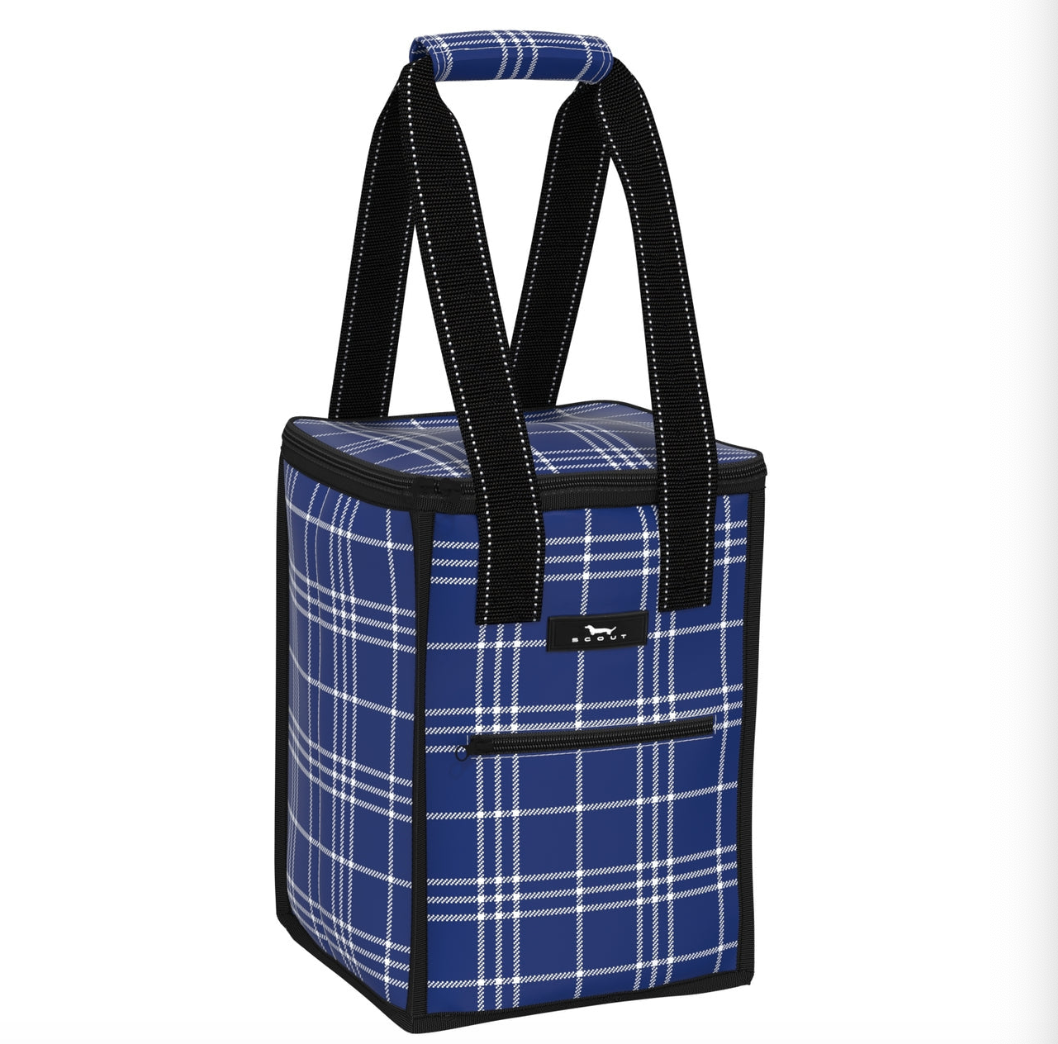 A blue plaid portable cooler bag with black straps and a pink Scout brand logo. Available at Be Charmed