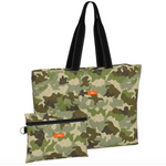 A camo tote bag with black straps and a smaller zippered pouch, both with the 'scout' brand visible. Available at Be Charmed
