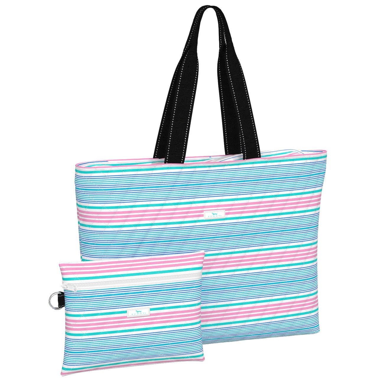 A multicolored striped tote bag with black straps and a smaller zippered pouch, both with the 'scout' brand visible. Available at Be Charmed
