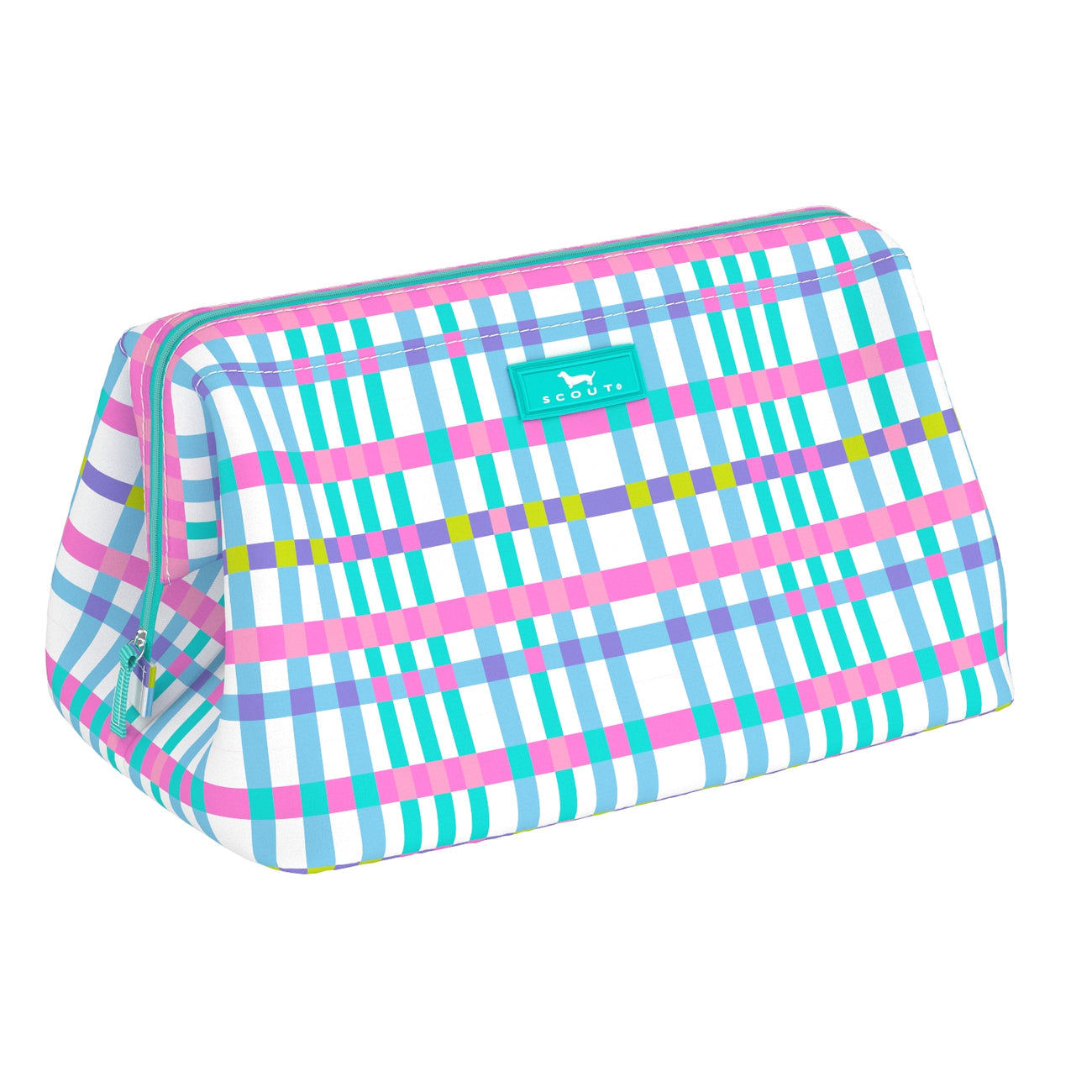 Scout Pretty in pink Big Mouth makeup bag with wire‑frame wide opening & pockets – available at Be Charmed