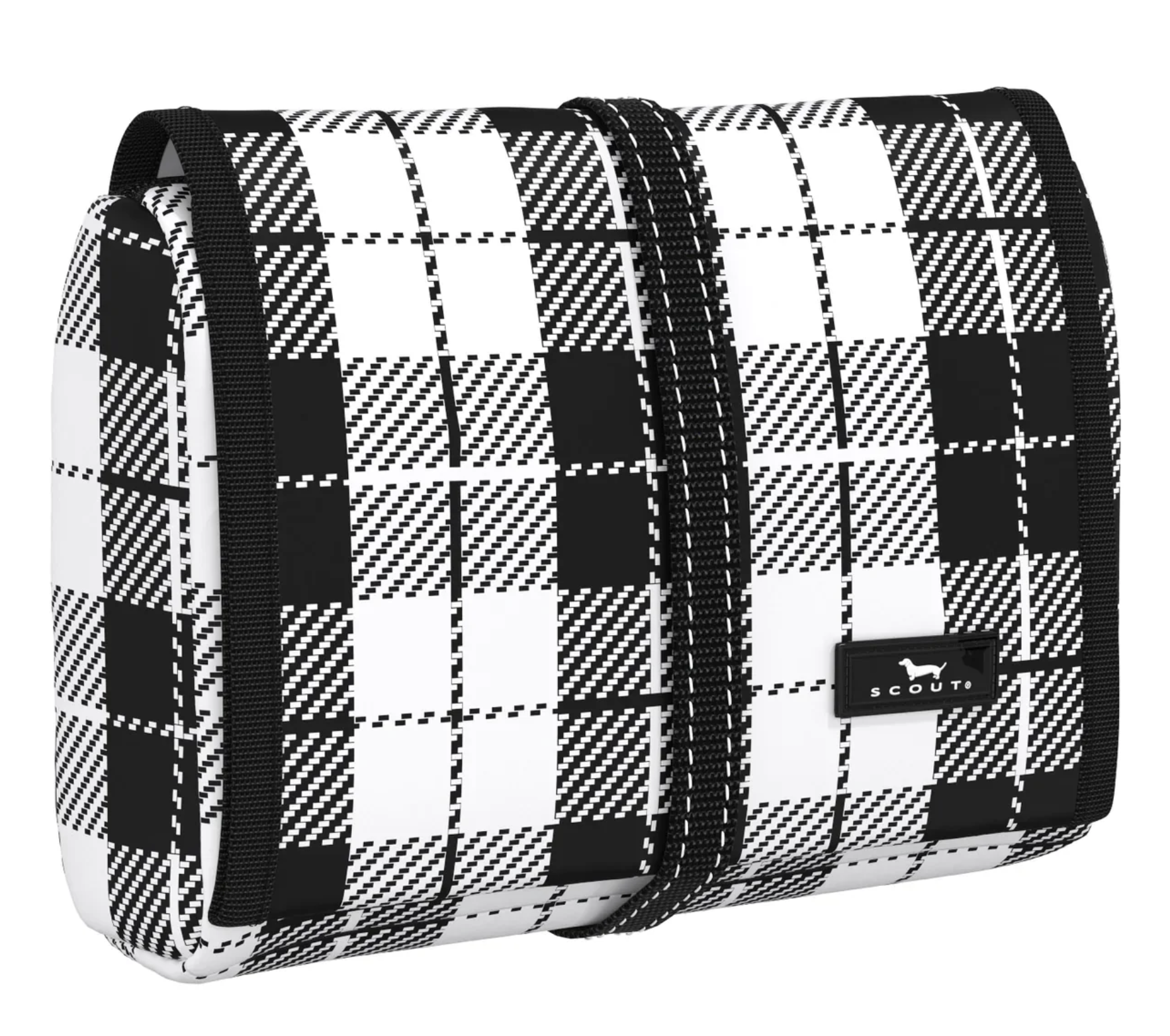 A rolled-up cosmetic or toiletry bag with a black and white checkered pattern, featuring a strap closure. Available at Be Charmed