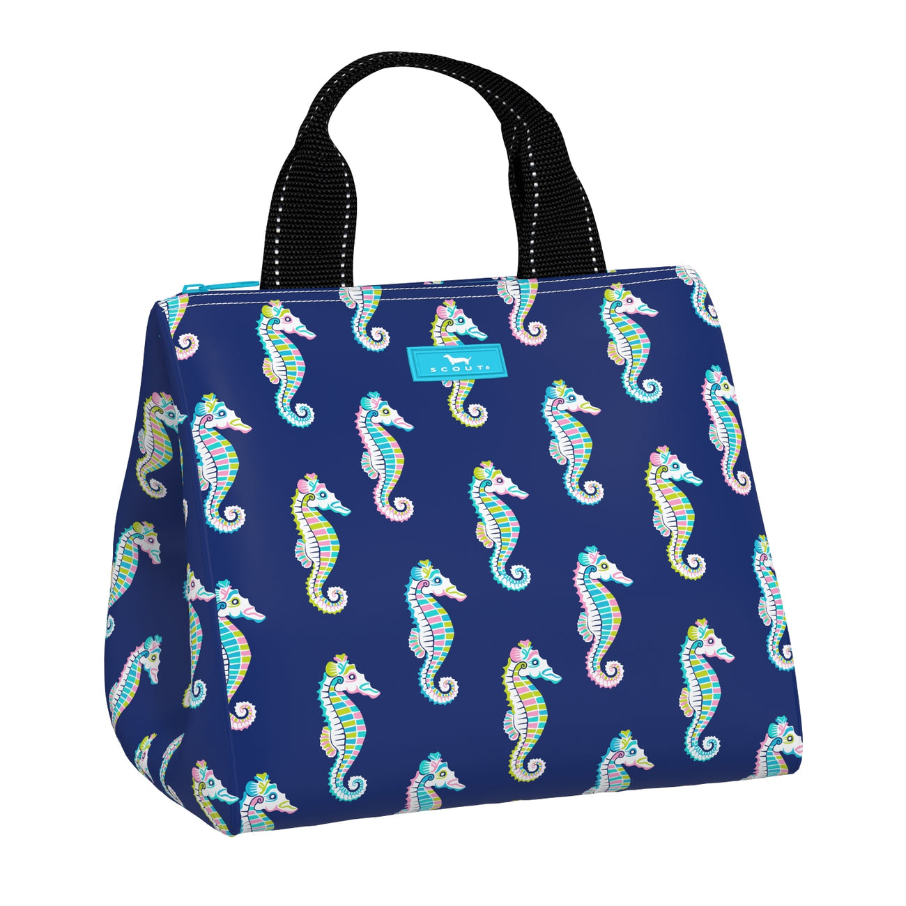 Sea Biscuit  SCOUT Eloise Lunch Tote – quilted insulated lunch bag 10.25″W × 10″H × 7.25″D, holds up to 10 lb, foam‑lined interior, exterior Velcro pocket, wipes clean. Available at Be Charmed 