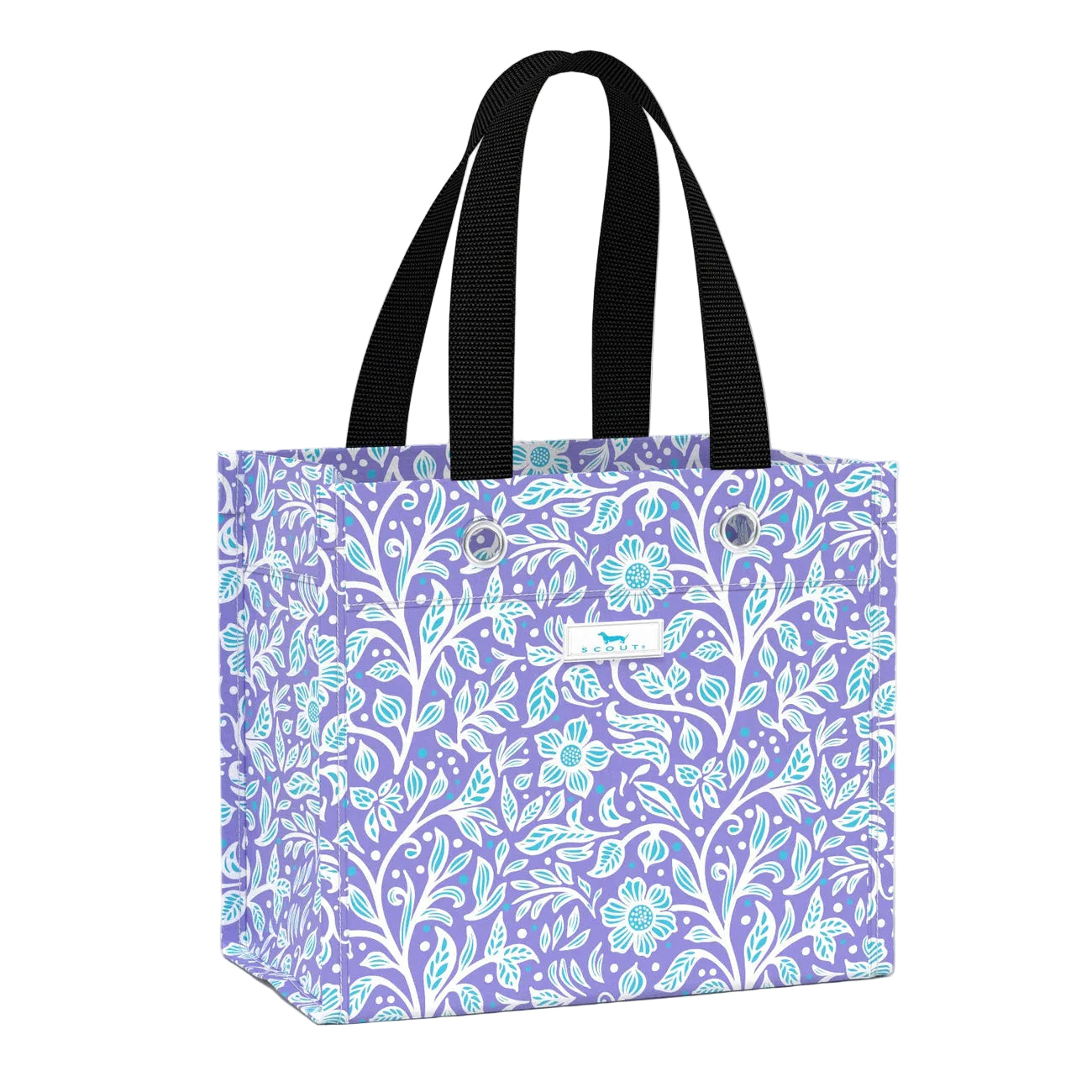 Floral-patterned tote bag with black handles on a white background. Available at Be Charmed