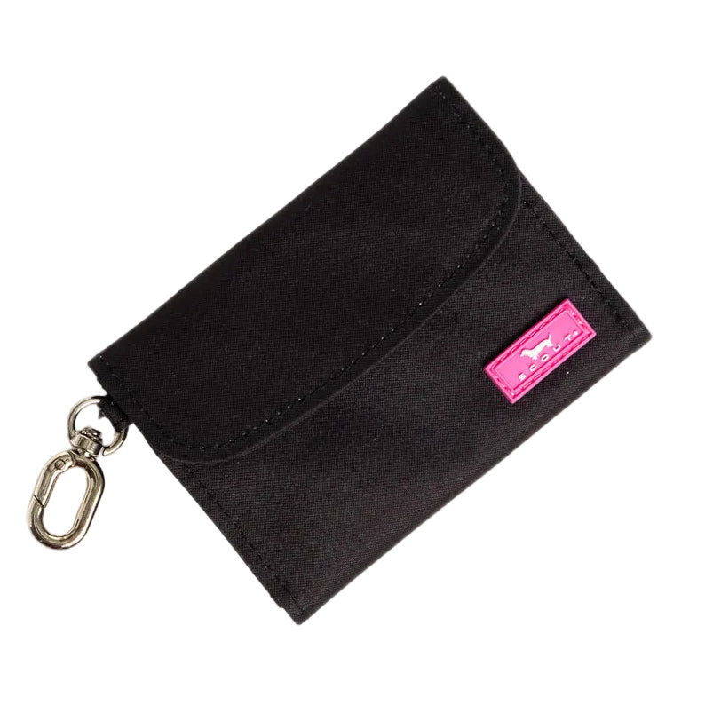 Black pouch with a pink label on a white background. Available at Be Charmed