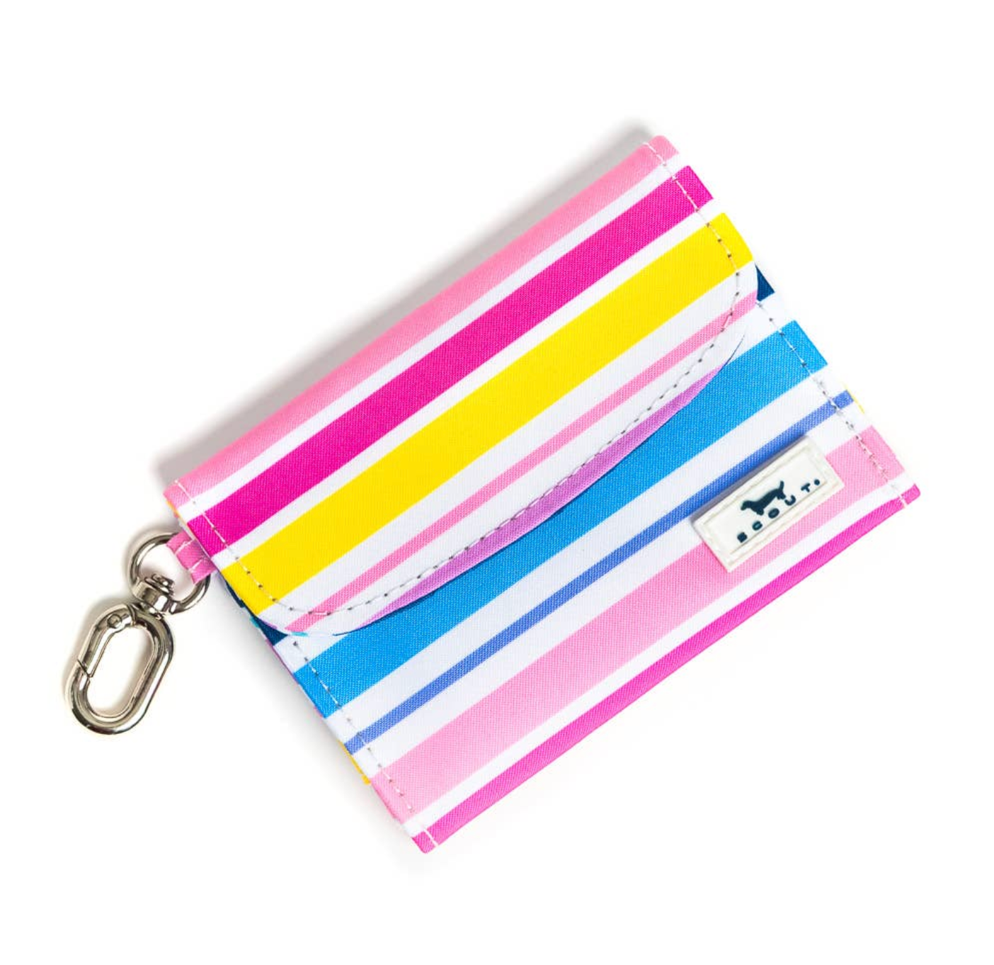 Striped keychain pouch with colorful stripes on a white background. Available at Be Charmed