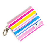 Striped keychain pouch with colorful stripes on a white background. Available at Be Charmed