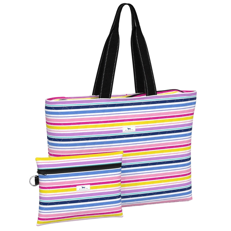 Striped tote bag with black handles on a white background. Available at Be Charmed