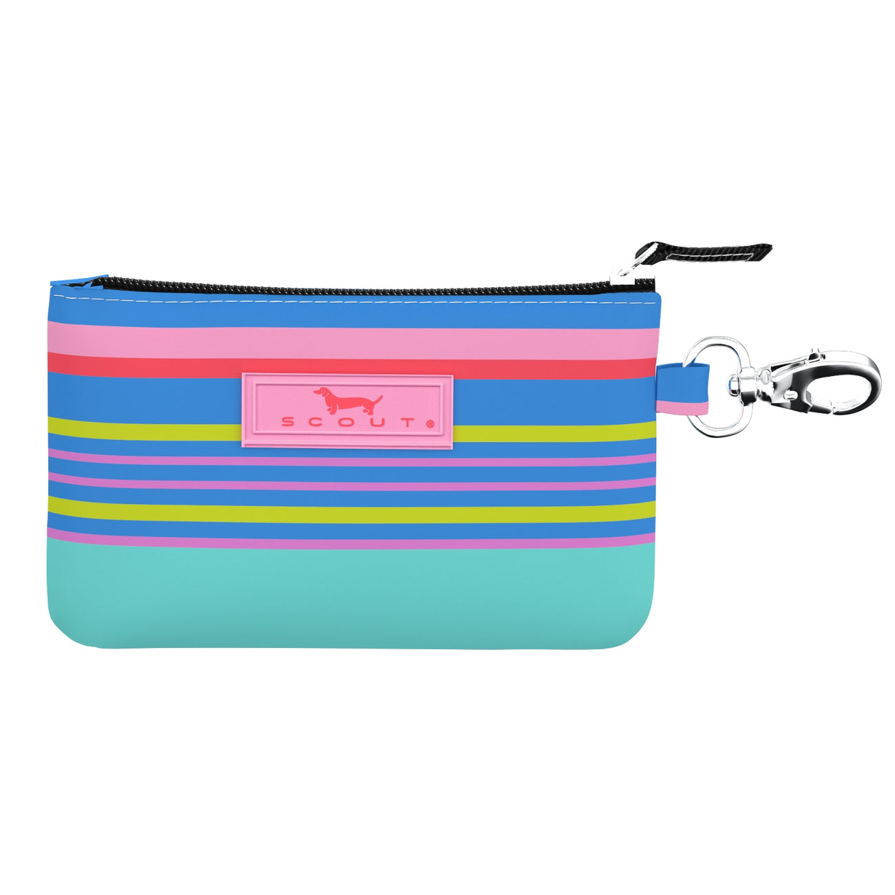 Summer Friyay SCOUT IDKase Card Holder – 5″×3.25″×0.5″ water‑resistant coated cotton slim wallet with clear ID window and key‑clasp clip. Available at Be Charmed