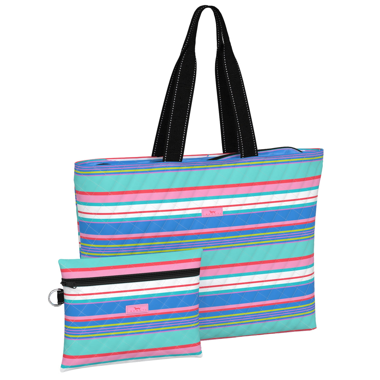 A multicolored striped tote bag with black straps and a smaller zippered pouch, both with the 'scout' brand visible. Available at Be charmed