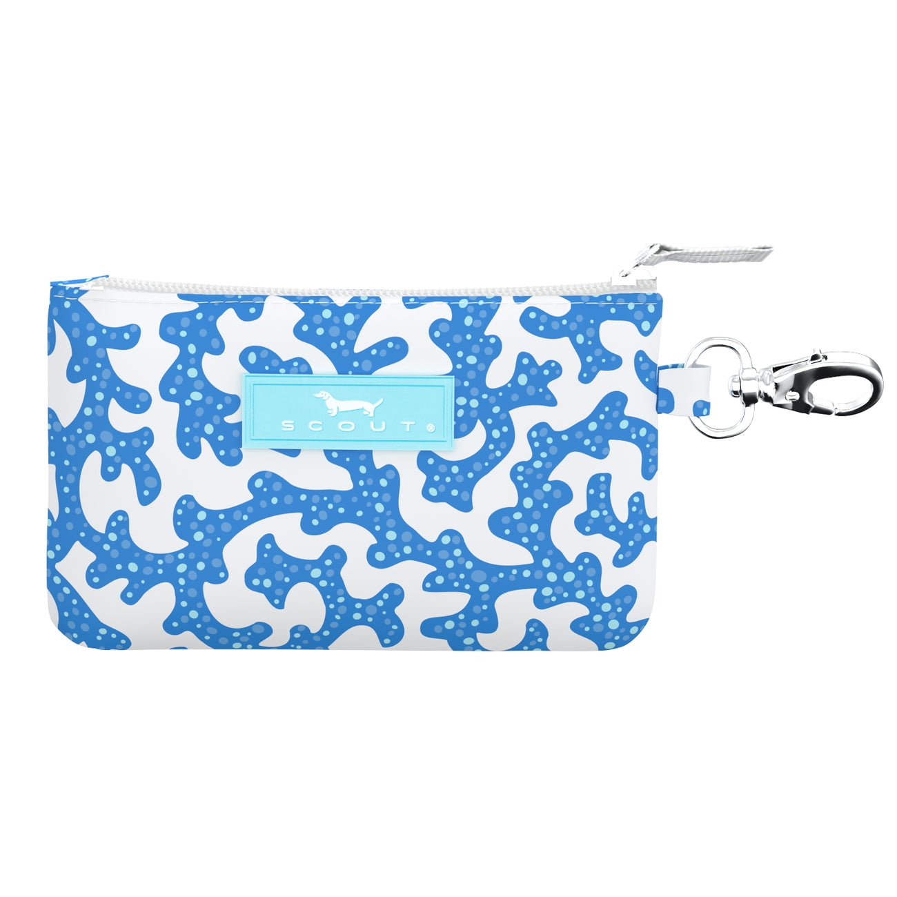 Sweet Coraline SCOUT IDKase Card Holder – 5″×3.25″×0.5″ water‑resistant coated cotton slim wallet with clear ID window and key‑clasp clip. Available at Be Charmed