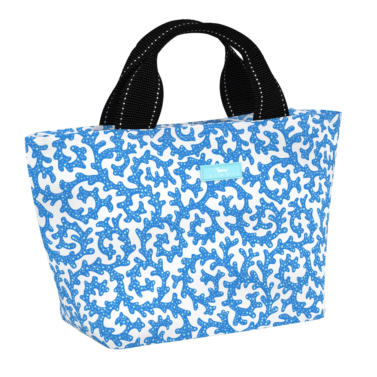 Sweet Coraline SCOUT Nooner insulated lunch bag – 14.25″ W x 8″ H x 6″ D, foam-insulated, water-resistant poly twill, exterior zipper pocket. Folds flat for compact storage. Available at Be Charmed
