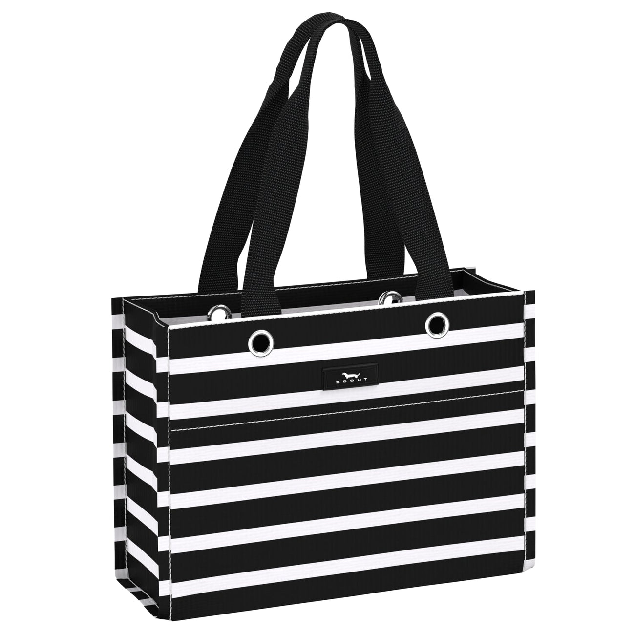 Fleetwood Black SCOUT Tiny Package Gift Bag – 11"W × 8"H × 4.5"D all‑weather woven bag folds flat, weighs 0.2 lbs, holds 30 lbs, reusable and wipe‑clean. Available at Be Charmed