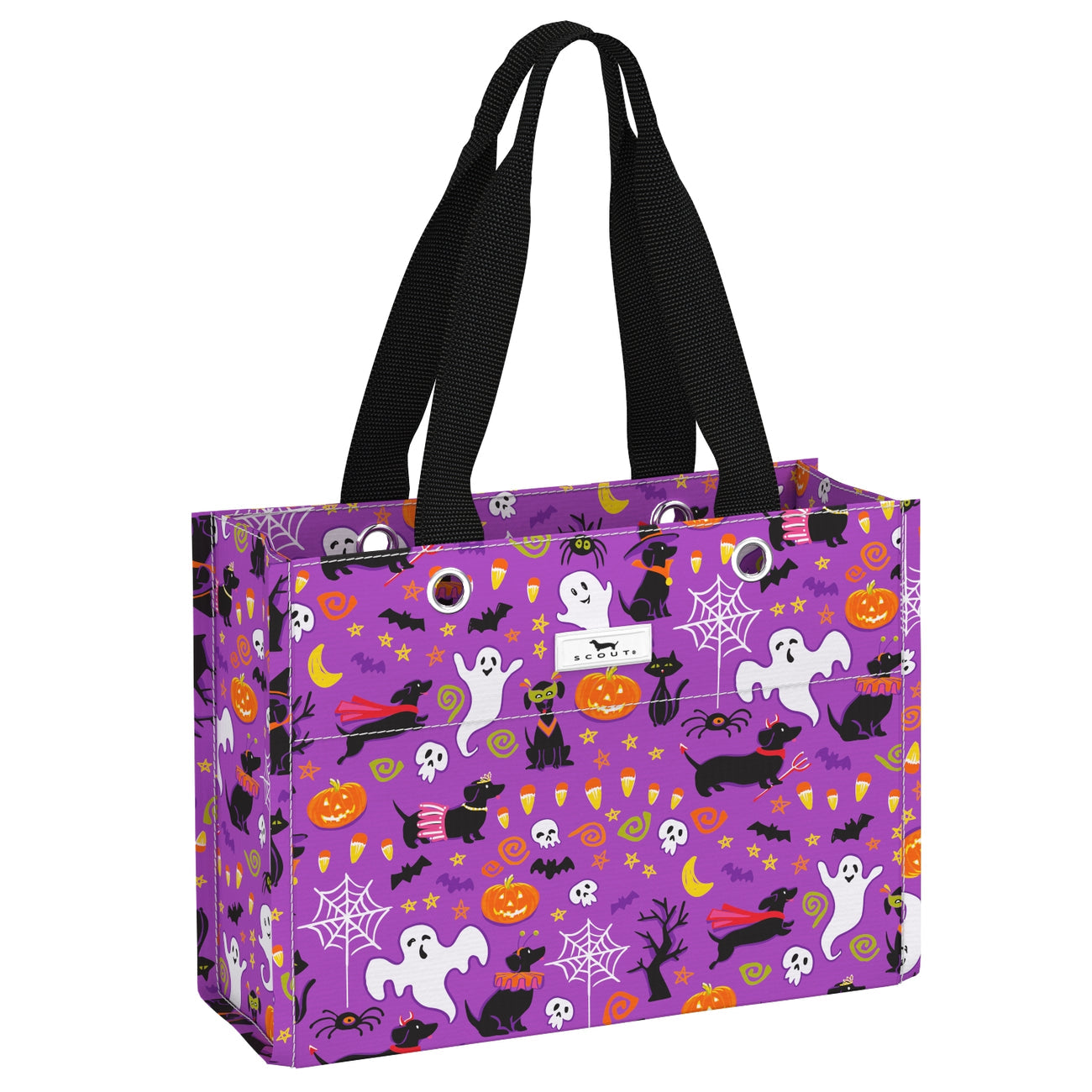 Howl-o-Weenie SCOUT Tiny Package Gift Bag – 11"W × 8"H × 4.5"D all‑weather woven bag folds flat, weighs 0.2 lbs, holds 30 lbs, reusable and wipe‑clean. Available at Be Charmed