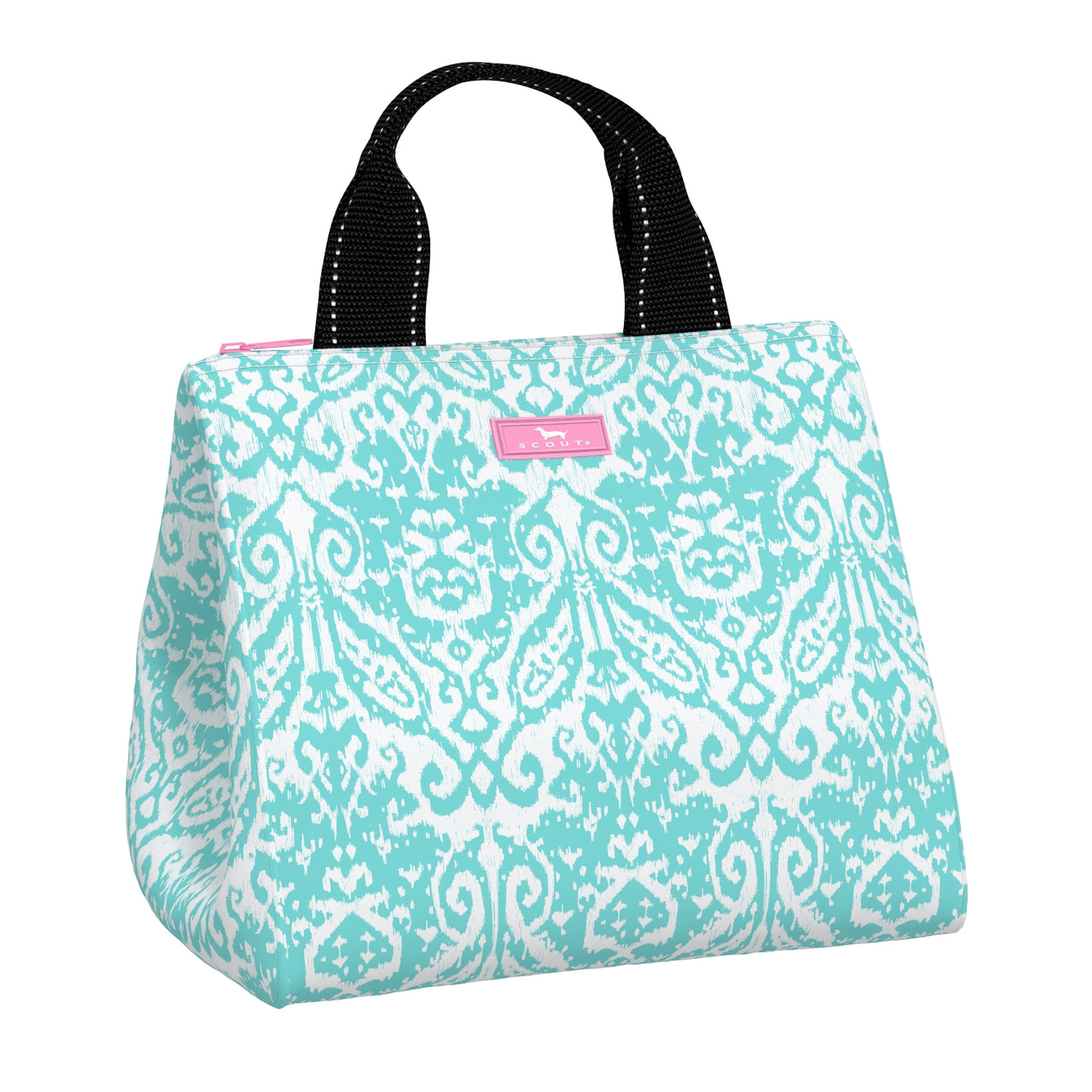 Take Me to Turq SCOUT Eloise Lunch Tote – quilted insulated lunch bag 10.25″W × 10″H × 7.25″D, holds up to 10 lb, foam‑lined interior, exterior Velcro pocket, wipes clean. Available at Be Charmed 