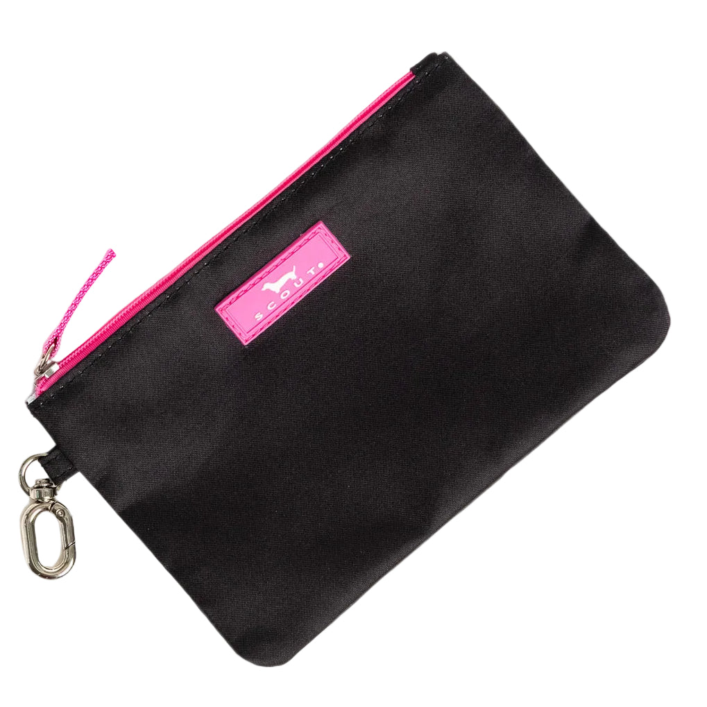 Black pouch with pink zipper and keychain on a white background. Available at Be Charmed