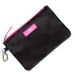 Black pouch with pink zipper and keychain on a white background. Available at Be Charmed