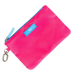 Pink pouch with a blue zipper and logo on a white background. Available at Be Charmed