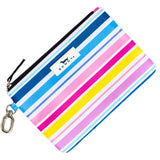 Striped pouch with colorful pattern on a whiet background. Available at Be Charmed