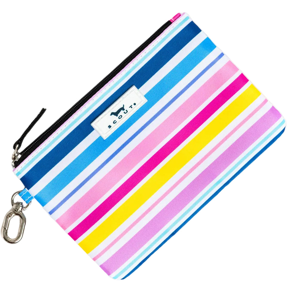 Striped pouch with colorful pattern on a whiet background. Available at Be Charmed