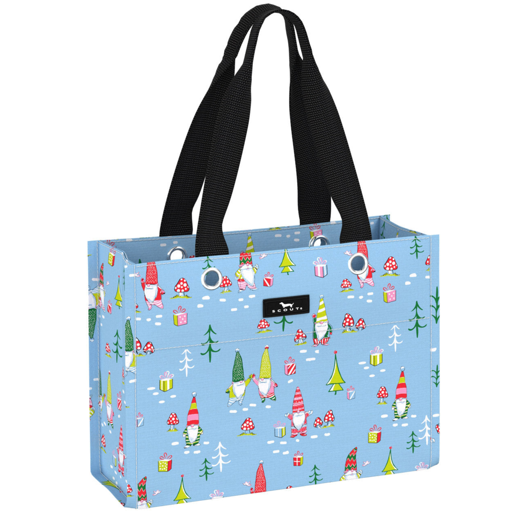 Gnome for the Holiday SCOUT Tiny Package Gift Bag – 11"W × 8"H × 4.5"D all‑weather woven bag folds flat, weighs 0.2 lbs, holds 30 lbs, reusable and wipe‑clean. Available at Be Charmed