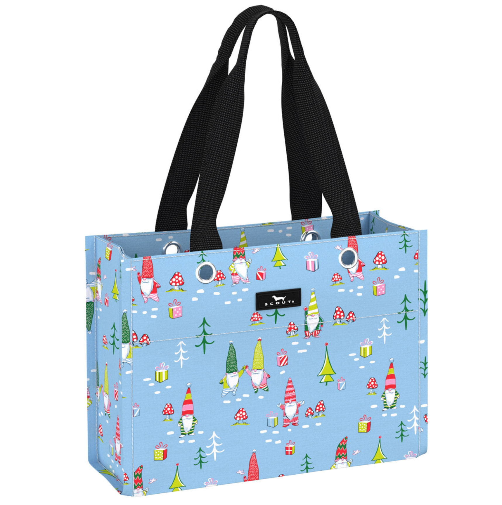 Gnome for the Holiday SCOUT Tiny Package Gift Bag – 11"W × 8"H × 4.5"D all‑weather woven bag folds flat, weighs 0.2 lbs, holds 30 lbs, reusable and wipe‑clean. Available at Be Charmed