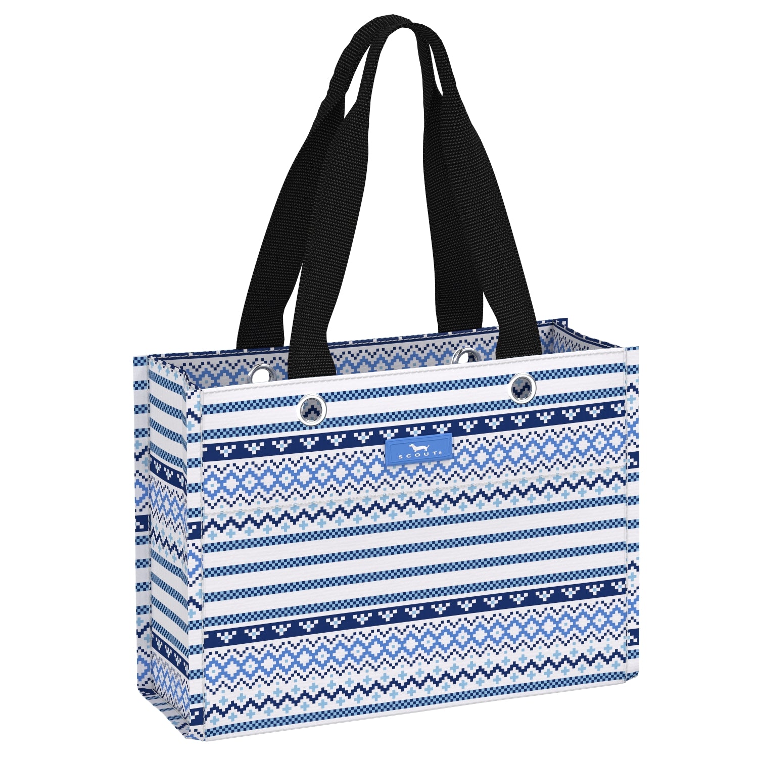 Knit Happens SCOUT Tiny Package Gift Bag – 11"W × 8"H × 4.5"D all‑weather woven bag folds flat, weighs 0.2 lbs, holds 30 lbs, reusable and wipe‑clean. Available at Be Charmed