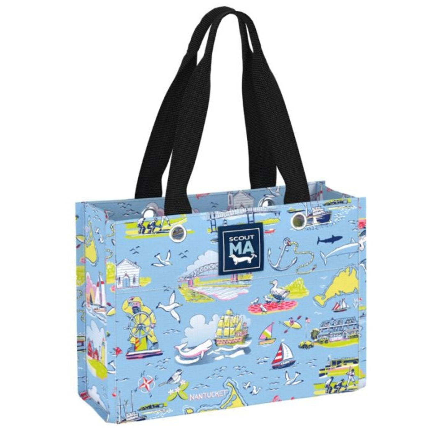 Massachusetts SCOUT Tiny Package Gift Bag – 11"W × 8"H × 4.5"D all‑weather woven bag folds flat, weighs 0.2 lbs, holds 30 lbs, reusable and wipe‑clean. Available at Be Charmed