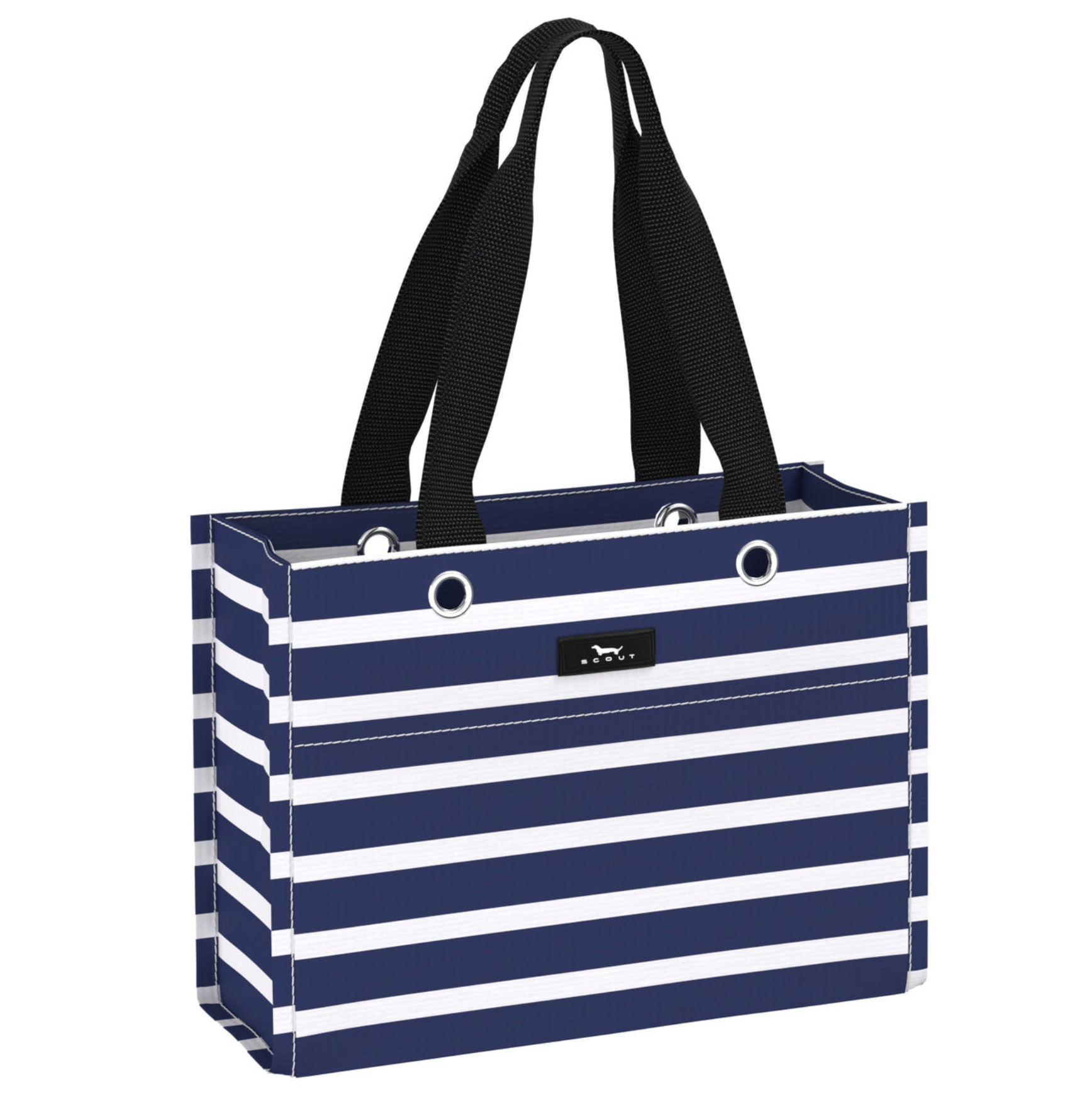 Nantucket Navy SCOUT Tiny Package Gift Bag – 11"W × 8"H × 4.5"D all‑weather woven bag folds flat, weighs 0.2 lbs, holds 30 lbs, reusable and wipe‑clean. Available at Be Charmed