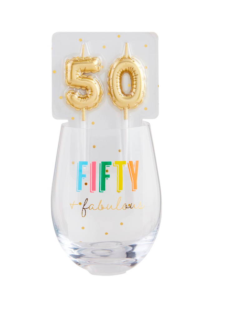 Mud Pie 50 Birthday Wine Glass & Candle Set