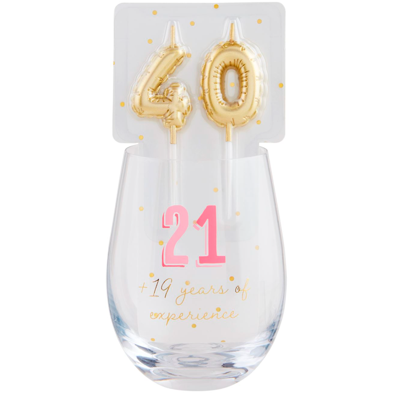 Mud Pie 40 Birthday Wine Glass & Candle Set