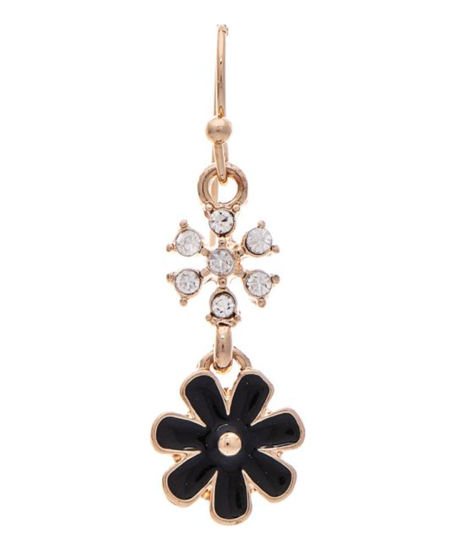 Rain Gold Black Enamel Crystal Flower Earrings