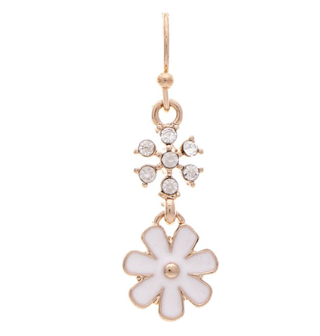 Rain Gold White Enamel Crystal Flower Earrings