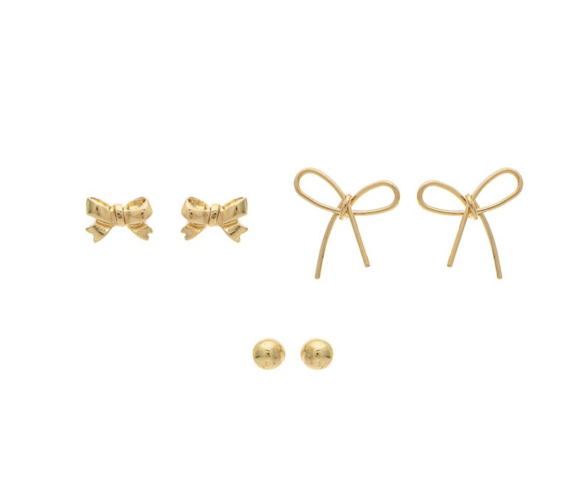 Rain Gold Bow Bow Ball 3 Post Earrings