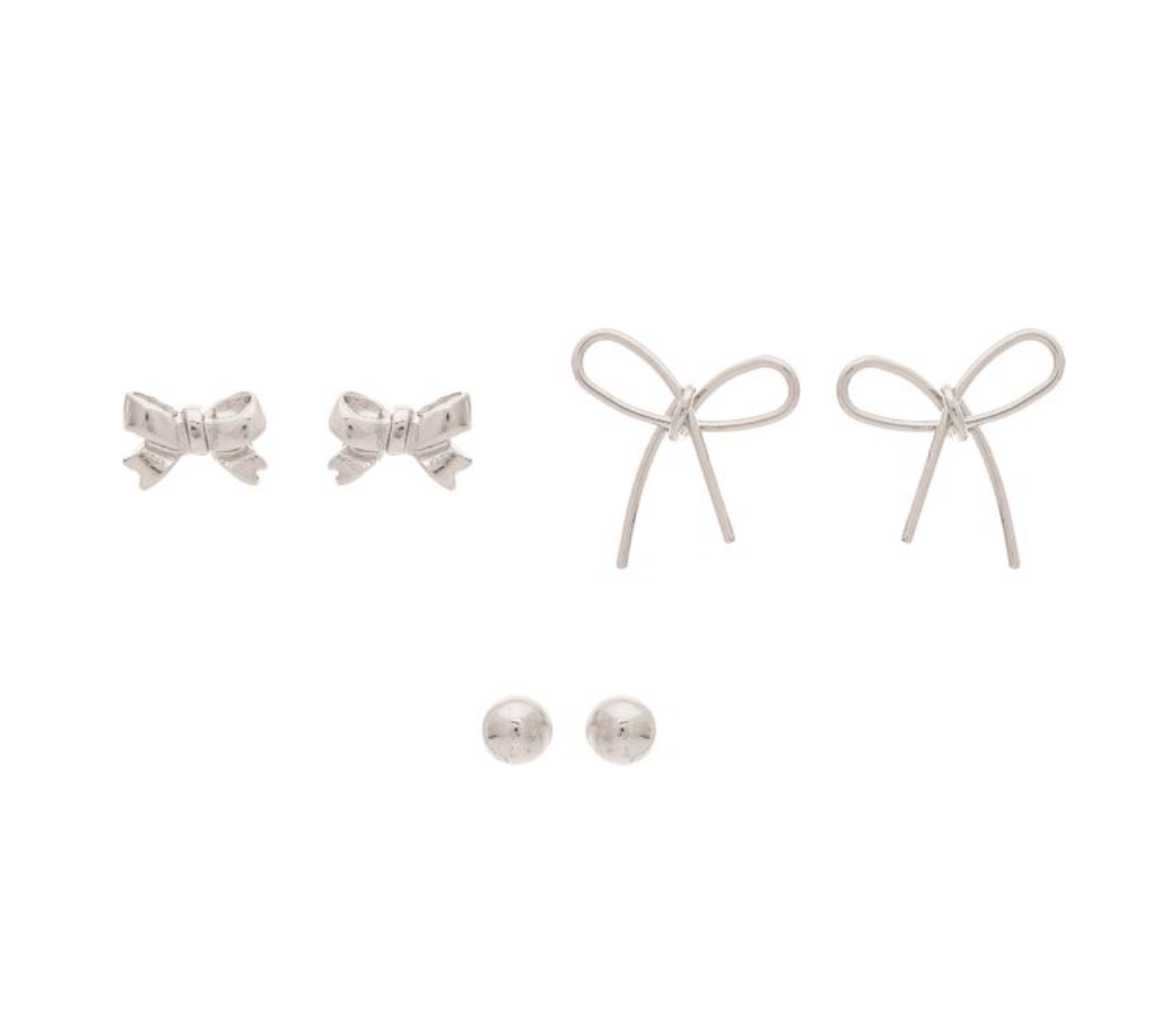 Rain Silver Bow Bow Ball 3 Post Earrings