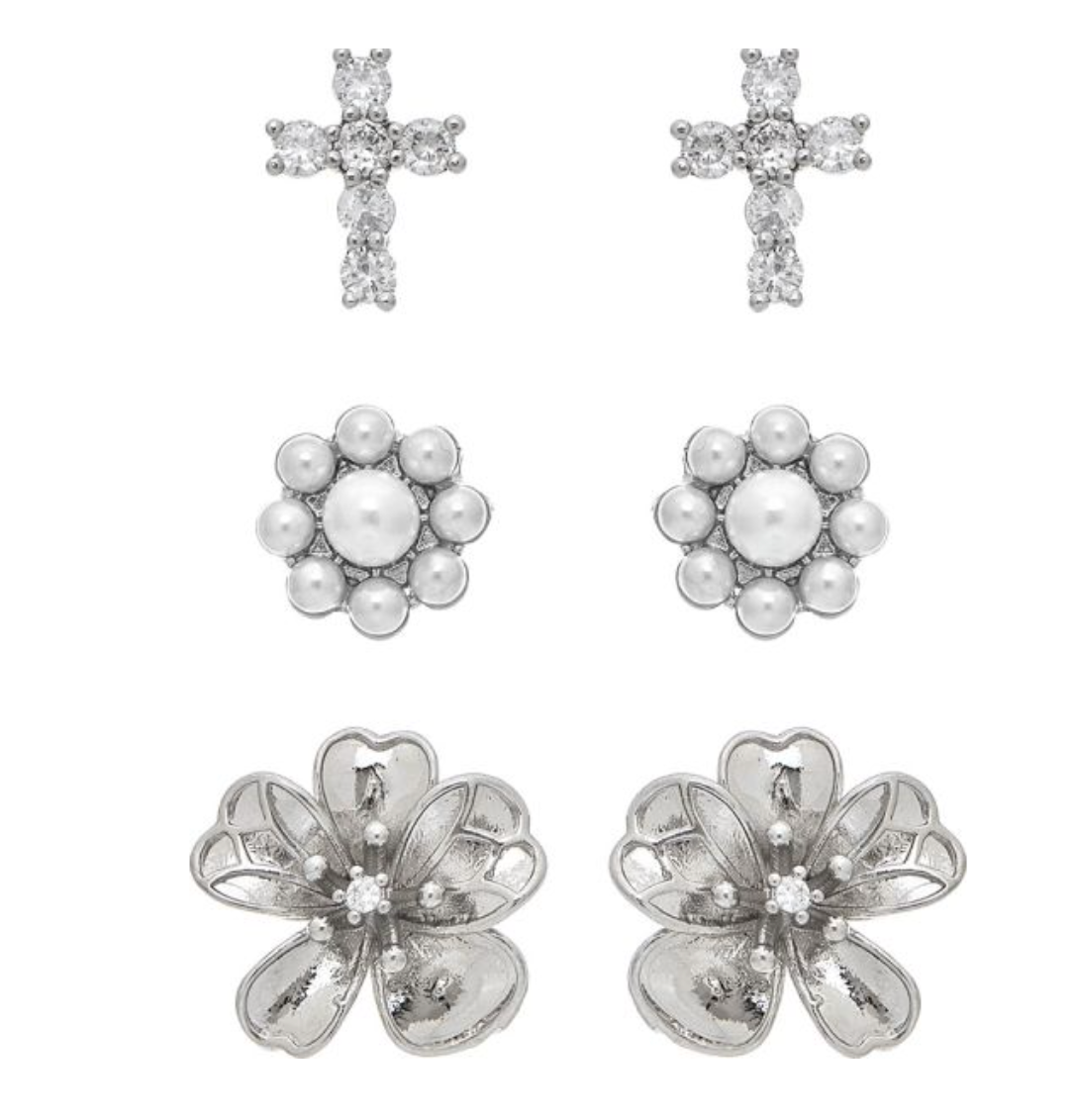 Rain Silver Faith & Flowers 3 Post Earrings 
