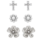 Rain Silver Faith & Flowers 3 Post Earrings 