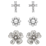 Rain Silver Faith & Flowers 3 Post Earrings 