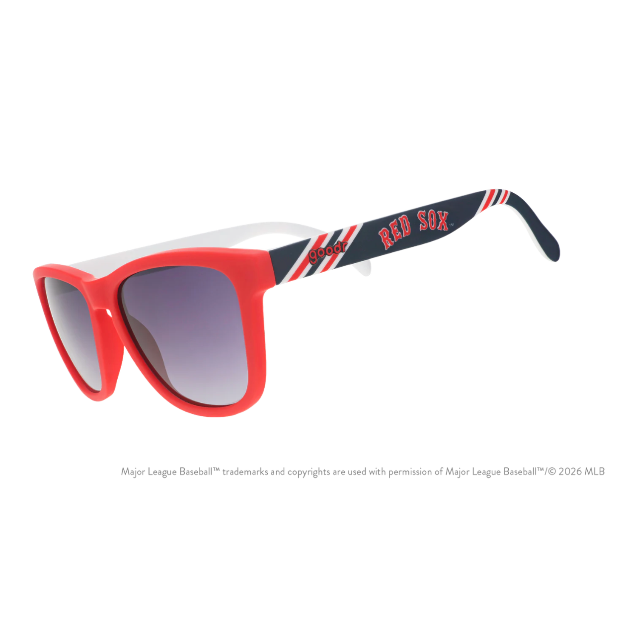 Red sunglasses with 'Red Sox' branding on a white background. Available at Be Charmed
