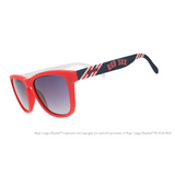 Red sunglasses with 'Red Sox' branding on a white background. Available at Be Charmed