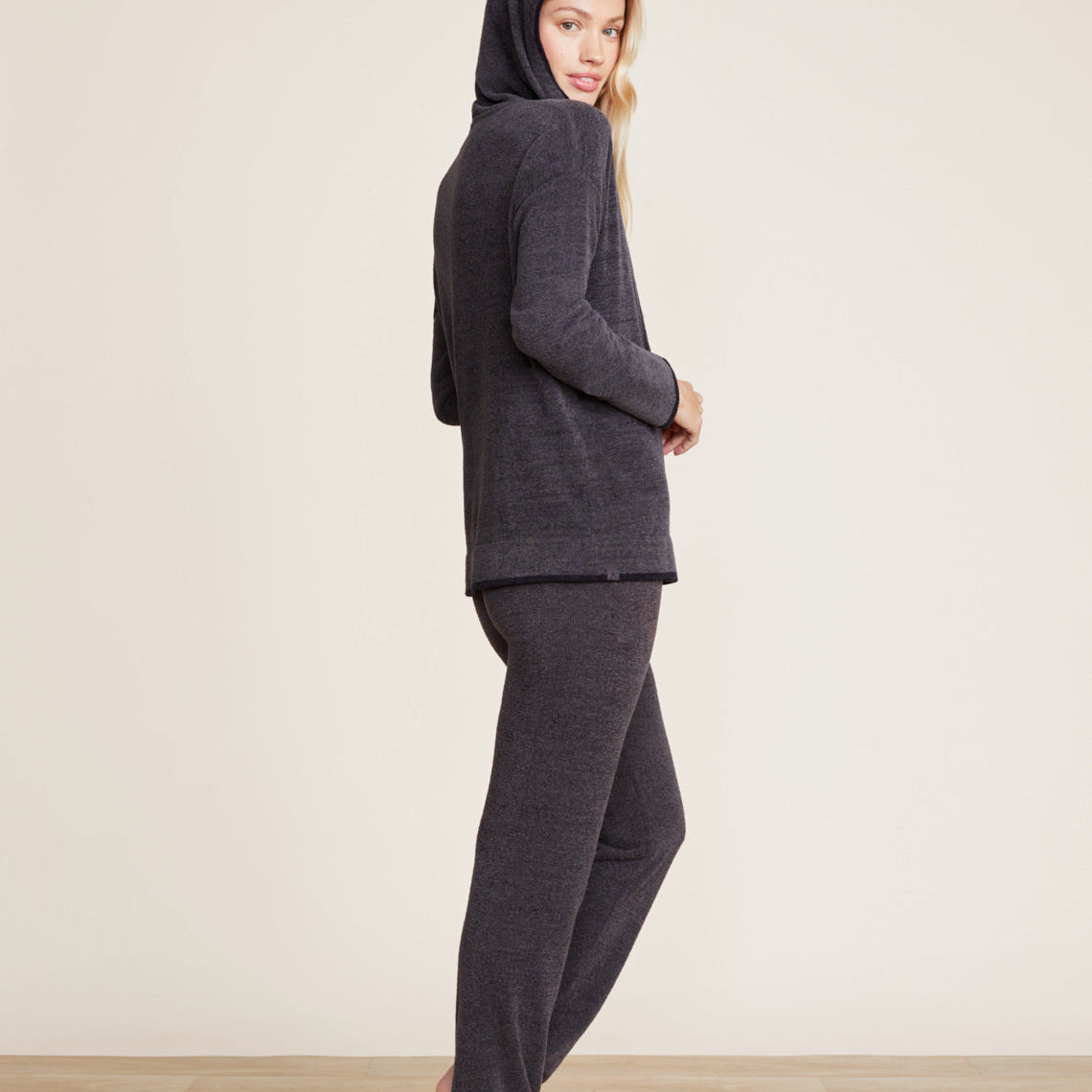 side view of CozyChic Ultra Lite Carbon Black Tipped Contrast Hoodie by Barefoot Dreams, lightweight hoodie with contrast trim, available at Be Charmed