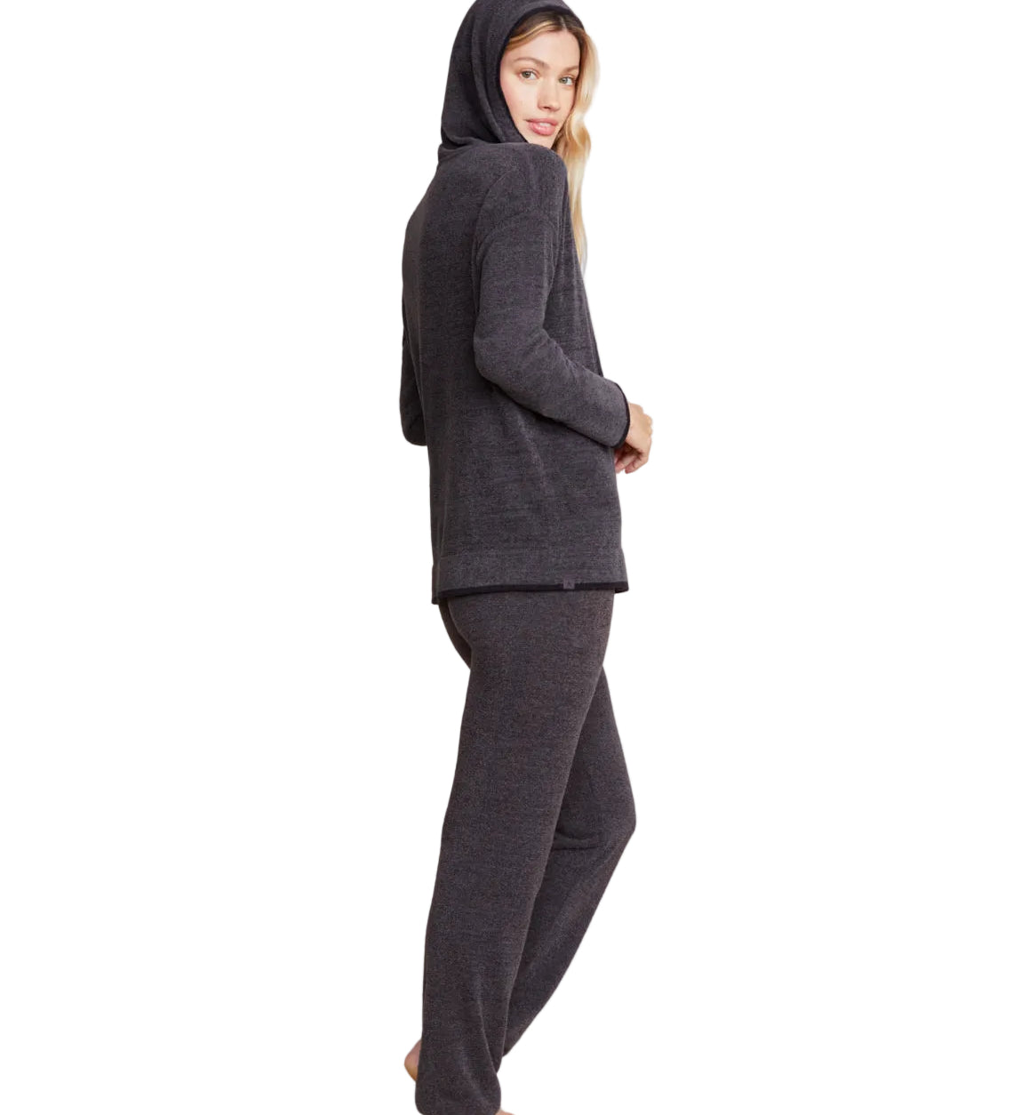 side view of CozyChic Ultra Lite Carbon Black Tipped Contrast Hoodie by Barefoot Dreams, lightweight hoodie with contrast trim, available at Be Charmed