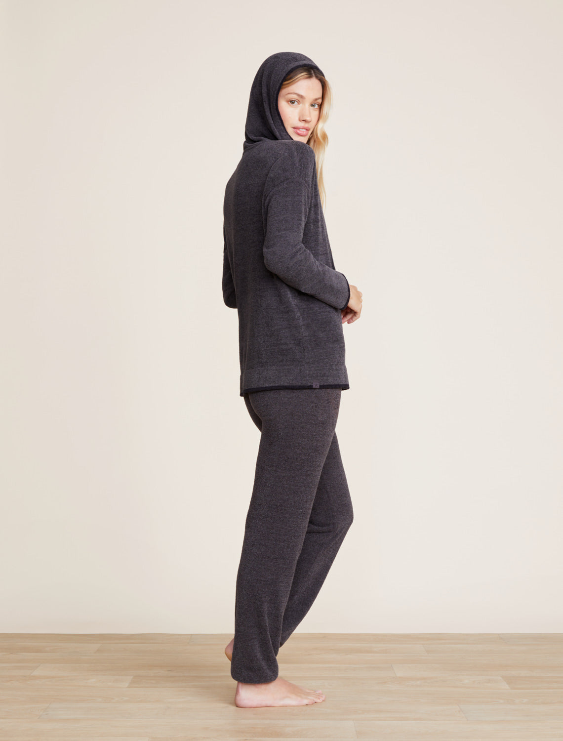 side view of CozyChic Ultra Lite Carbon Black Tipped Contrast Hoodie by Barefoot Dreams, lightweight hoodie with contrast trim, available at Be Charmed