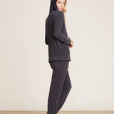 side view of CozyChic Ultra Lite Carbon Black Tipped Contrast Hoodie by Barefoot Dreams, lightweight hoodie with contrast trim, available at Be Charmed