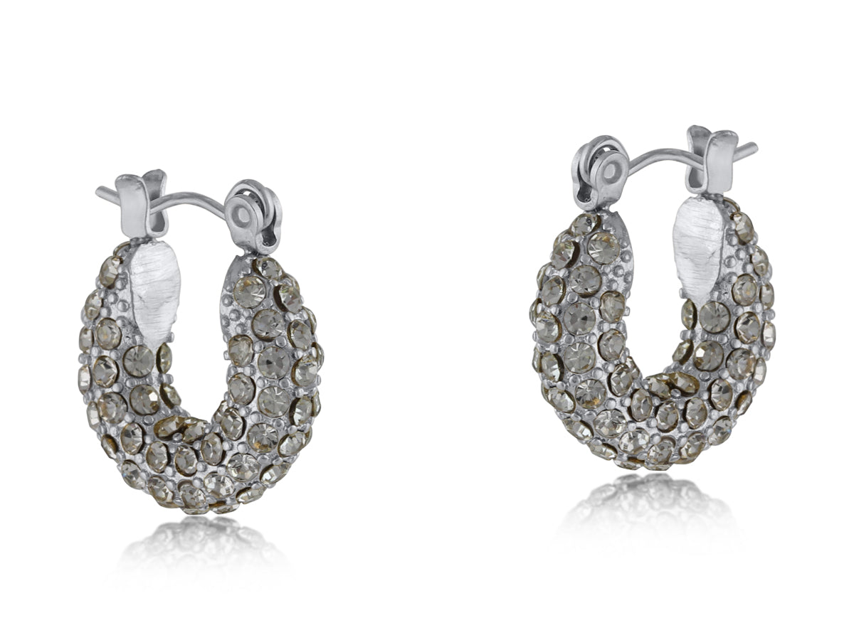 Silver Big Metal London Doris stone‑encrusted stainless steel stud earrings with shimmering crystal inlays, hypoallergenic surgical steel, ideal for sensitive ears. Available at Be Charmed