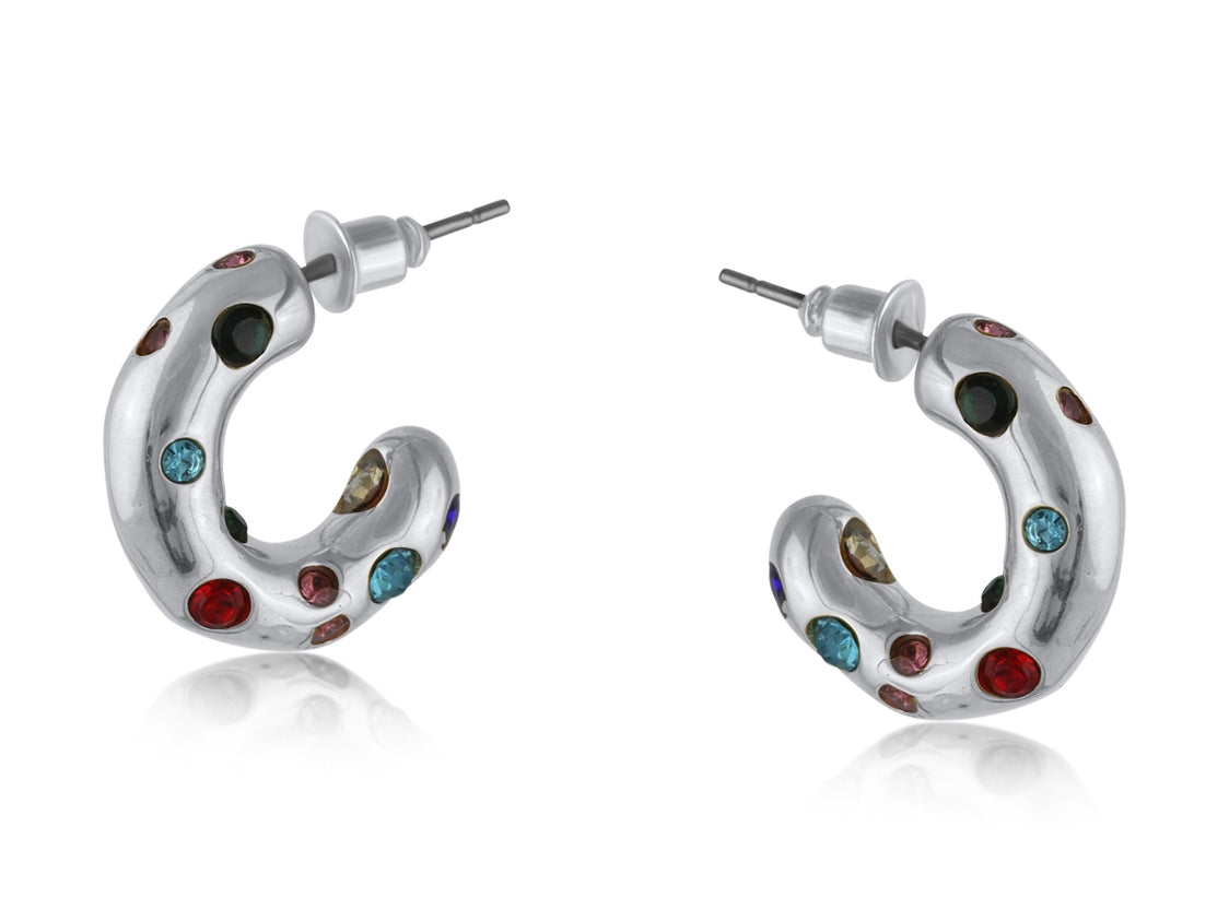 Silver Big Metal London Pula Rainbow hoop earrings, encrusted with multi‑color crystals on stainless steel, durable & hypoallergenic – Available at Be Charmed