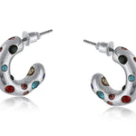 Silver Big Metal London Pula Rainbow hoop earrings, encrusted with multi‑color crystals on stainless steel, durable & hypoallergenic – Available at Be Charmed